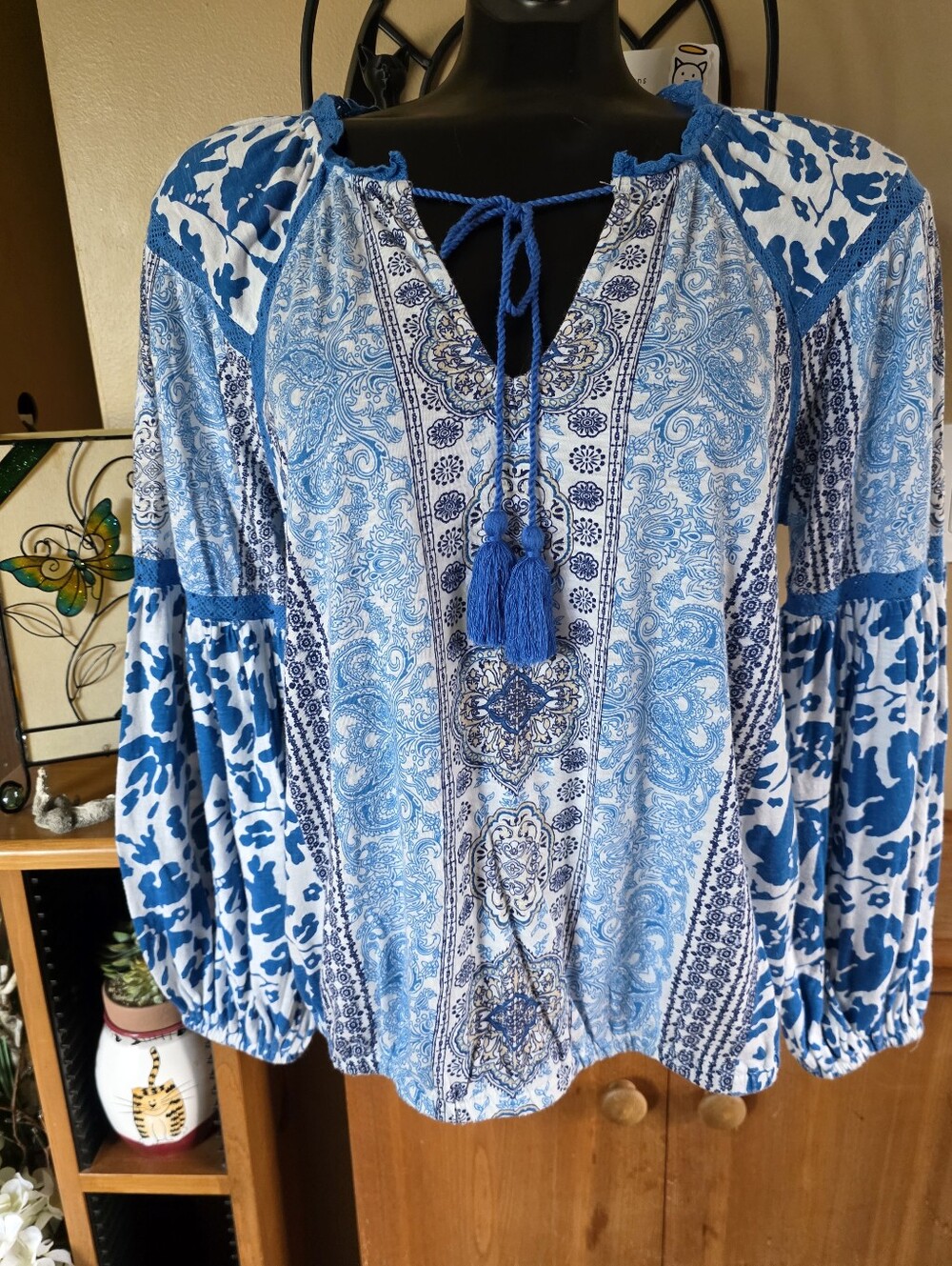Rachel Zoe Boho Blue Paisley Tie-Front With Tassels 100% Cotton Peasant Blouse